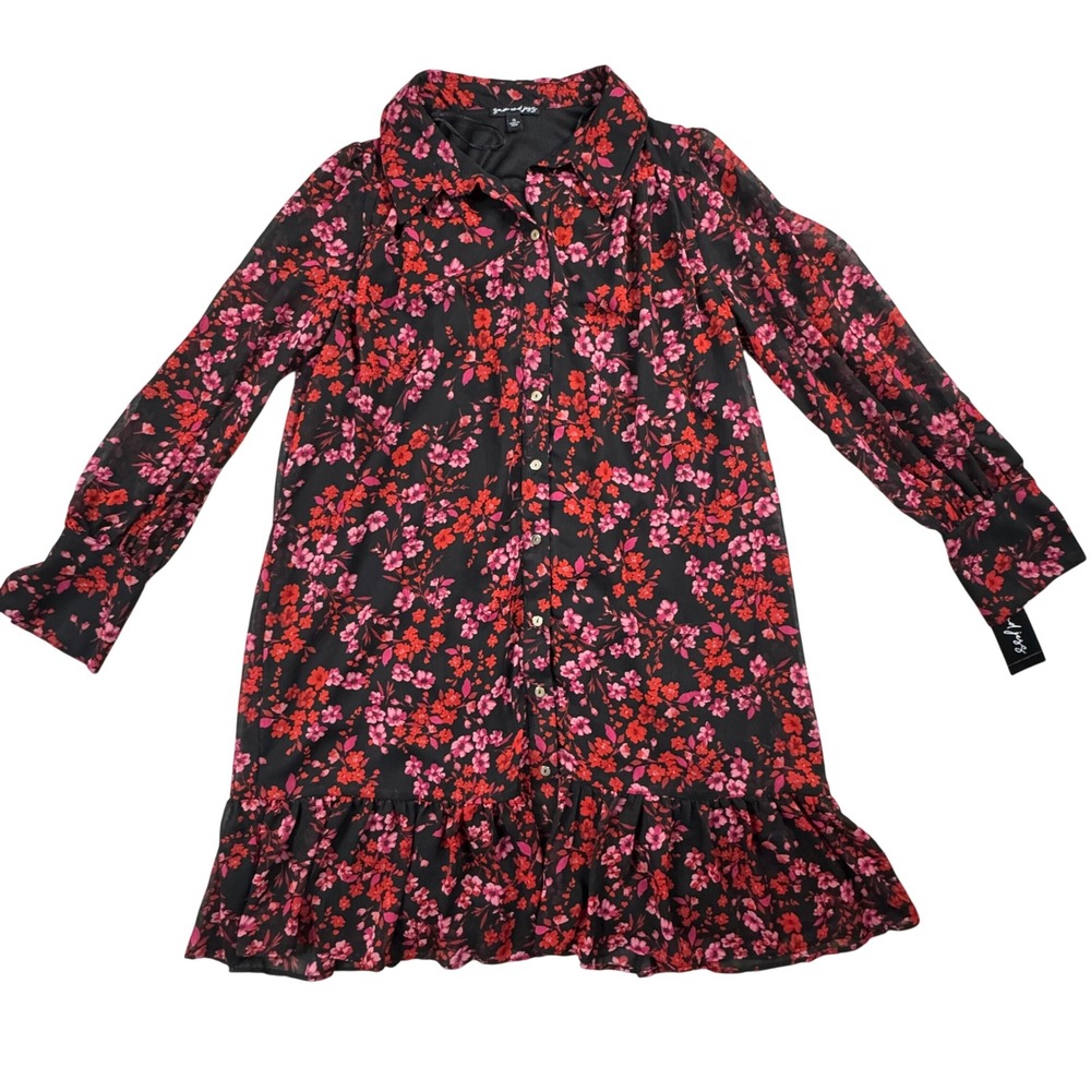 NWT Sam and Jess Black Red Floral Button Down Ruffle Hem Mini Shirt Dress XL
